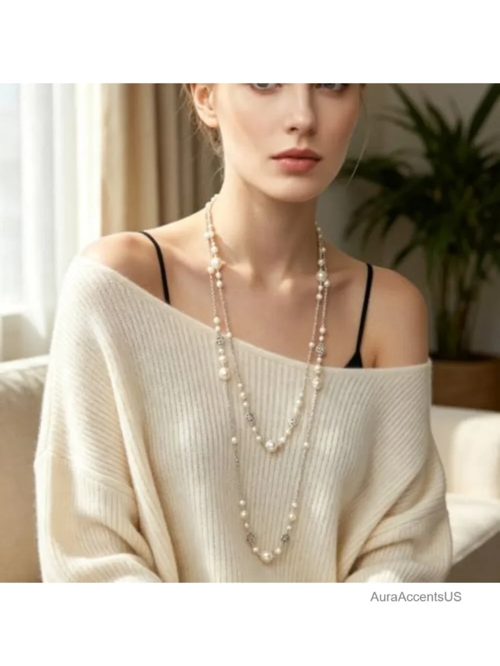 Layered Pearl Necklace Silver Chain Detachable Women Statement Jewelry